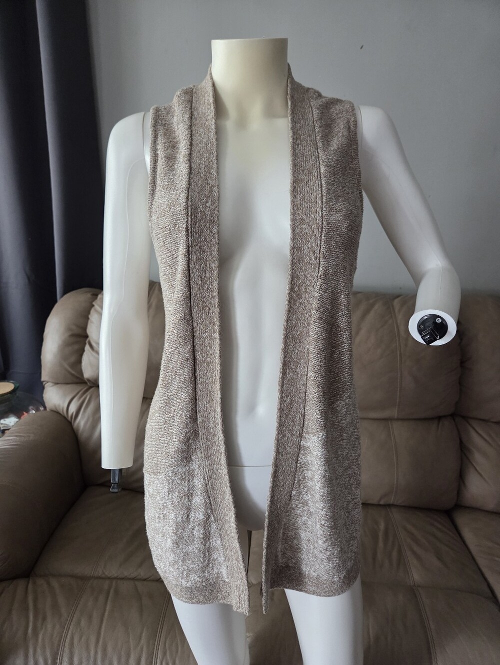 Knit Open-Front Sleeveless Cardigan Vest - Taupe, Size 0/Small